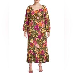 NWT Terra Sky 0X Woven Ikat Floral Maxi Dress Forest Green and Orchid